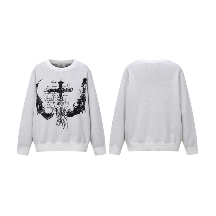 Front and back views of a white knit sweater with black cross print on the front
