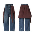 Men's wide-leg baggy jeans with detachable red plaid wrap skirt overlay, front and back view