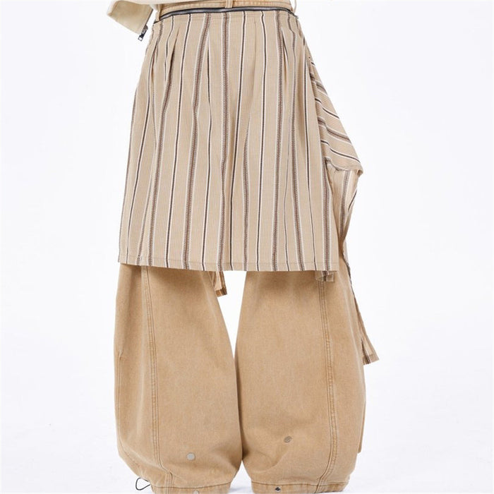 Back model view of tan baggy jeans with a vertically striped skirt overlay