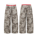 Wide-leg gray camouflage cargo pants shown in front and back views with white stars and red-striped waistband