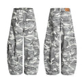 Grey camouflage wide-leg cargo pants shown in front and back views with multiple side pockets