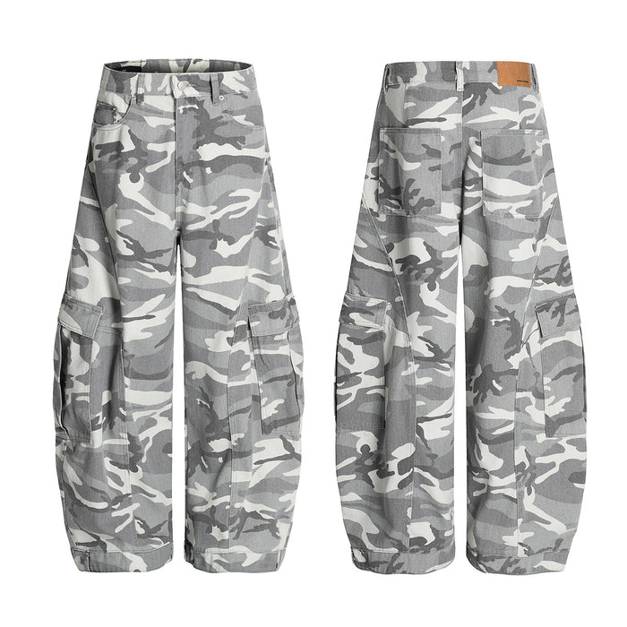 Grey camouflage wide-leg cargo pants shown in front and back views with multiple side pockets
