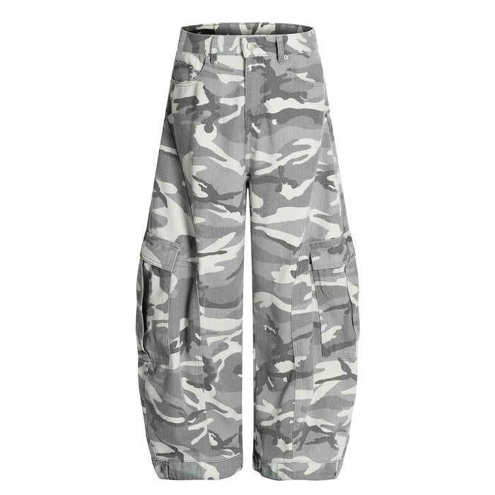 Baggy wide-leg grey camo cargo pants with large thigh flap pockets, front and back view