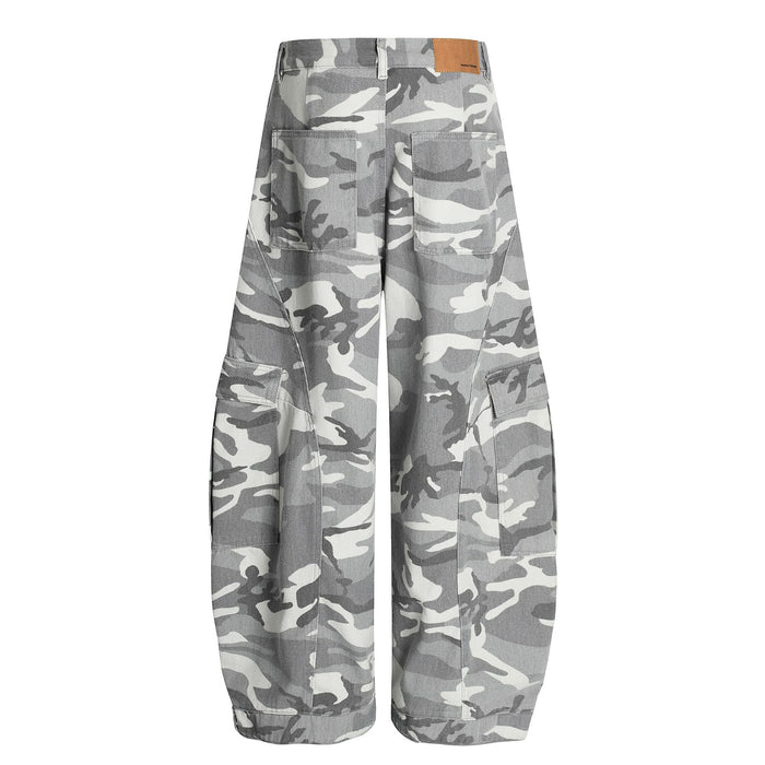 Back view of grey camouflage wide-leg cargo pants with roomy legs and rear waistband label