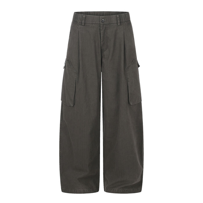 Men's wide-leg cargo pants with multi-pocket design in dark grey, relaxed fit, front view