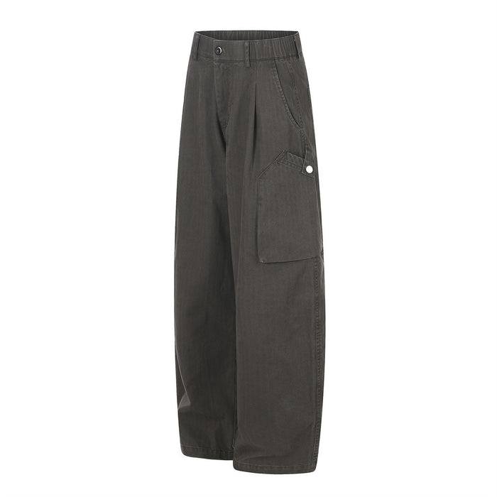 Dark gray wide-leg cargo pants with one side cargo pocket, angled front view