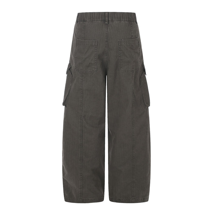 Dark gray wide-leg cargo pants with back patch pockets, rear view
