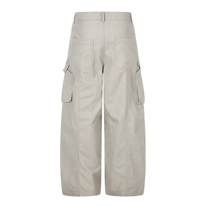 Beige wide-leg cargo pants with back patch pockets, rear view