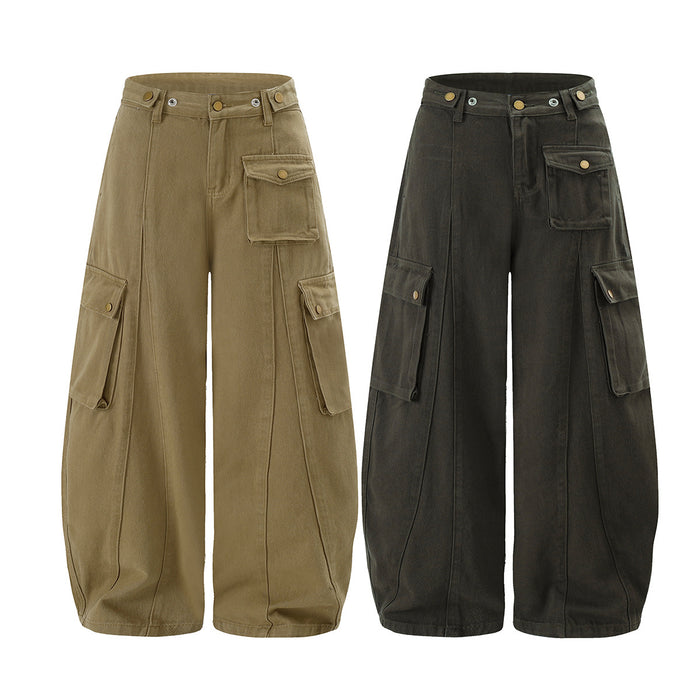 Front view of wide-leg cargo pants in khaki and charcoal with multiple flap pockets and button details
