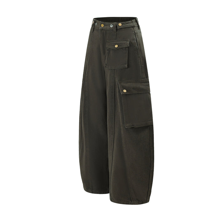 Angled side view of charcoal cargo pants showing three flap pockets and wide curved legs