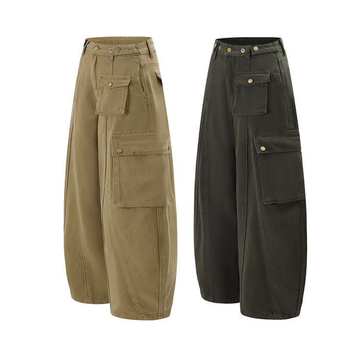 Angled views of khaki and charcoal wide-leg cargo pants showing layered side pockets and wide legs
