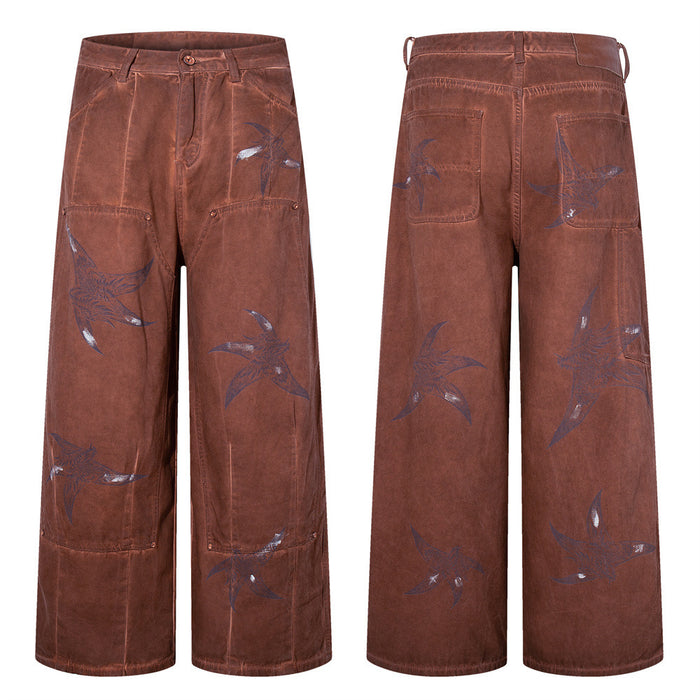 Wide-leg brown cargo pants with bird print, front and back views