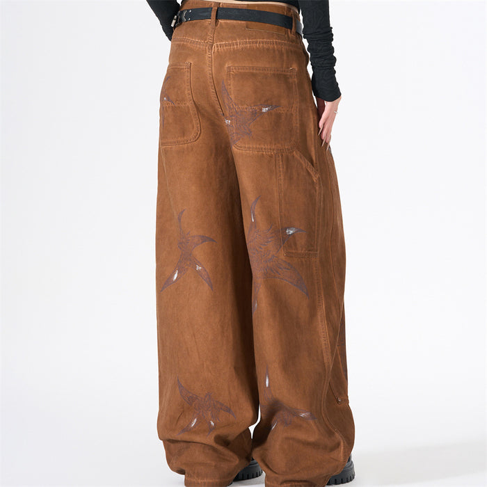 Back view of wide-leg brown cargo pants with bird print and patch pockets