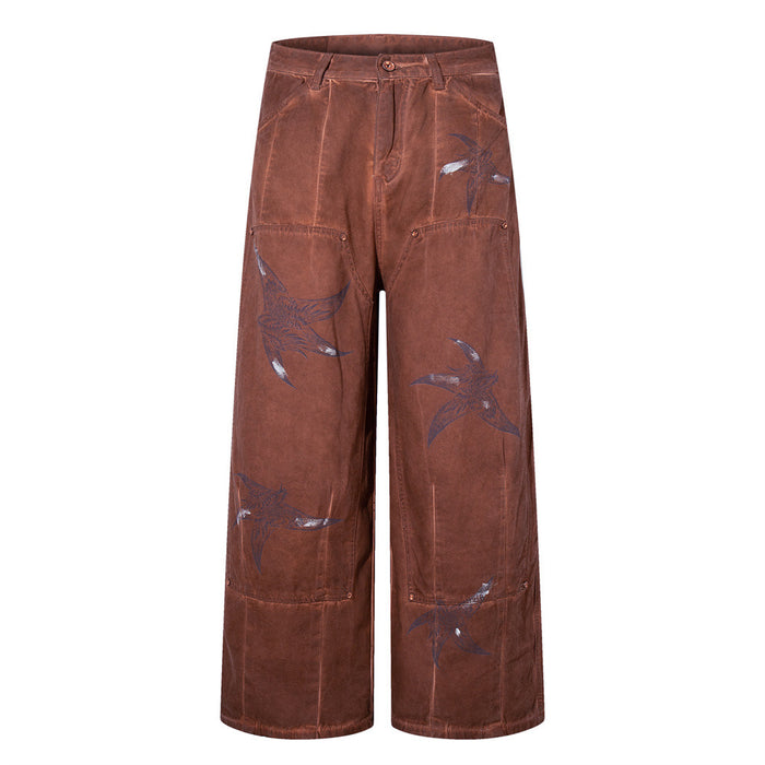 Front view of wide-leg brown cargo pants with bird print on white background