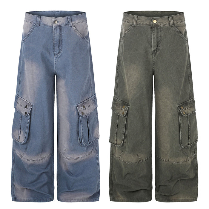 Wide-leg cargo pants in washed blue denim and olive green, shown front views with flap cargo pockets