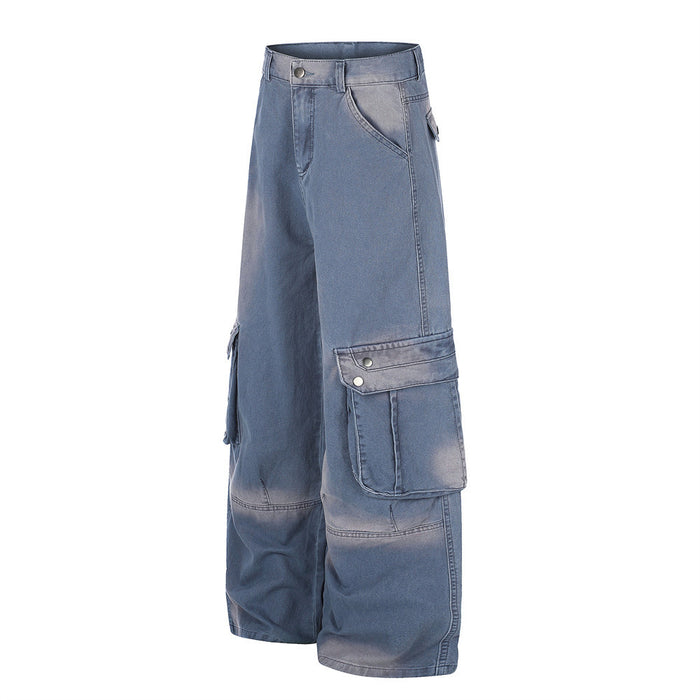 Washed blue wide-leg cargo pants, angled front view with side flap pocket and loose straight legs