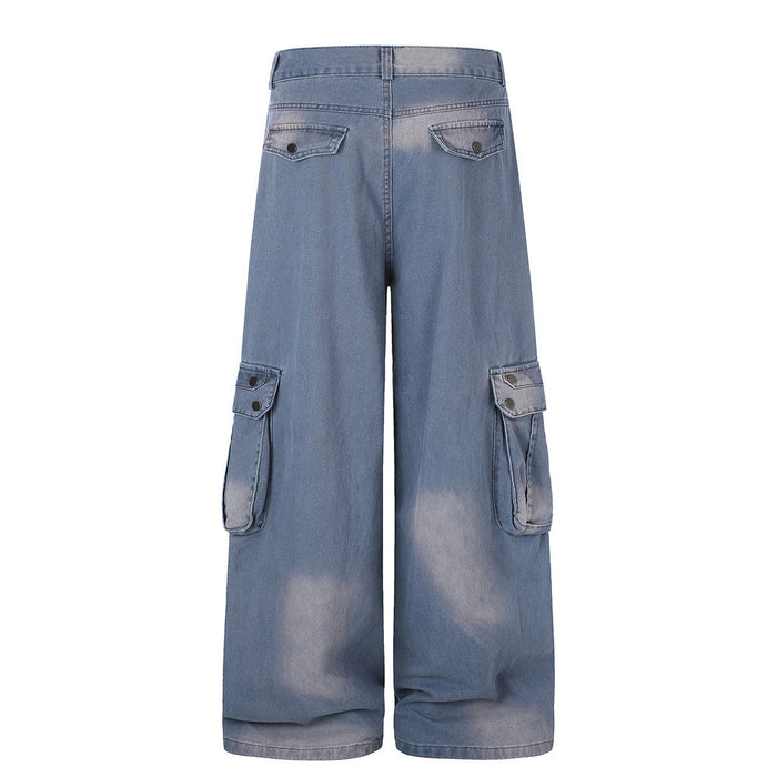 Washed blue wide-leg cargo pants, back view with flap back pockets and side cargo pockets