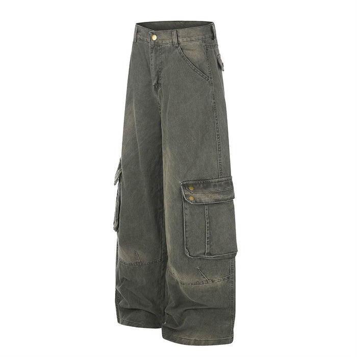 Olive green cargo pants, angled front view showing one side flap pocket and wide legs