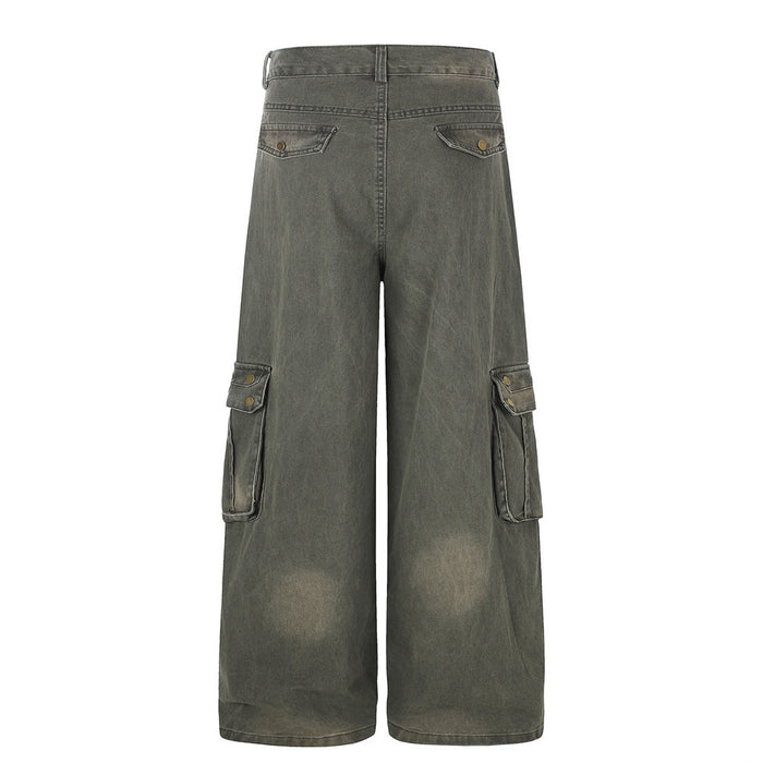 Olive green cargo pants, back view with flap back pockets and wide straight-cut legs