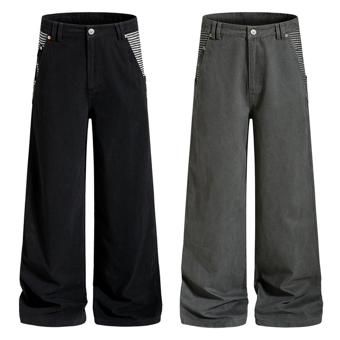 Men's wide-leg straight cargo trousers with contrast horizontal stripe pocket panels in washed black and charcoal grey