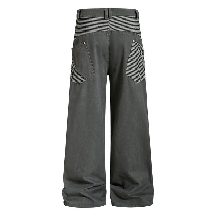 Back view of dark gray wide-leg cargo pants with striped waistband and rear pockets