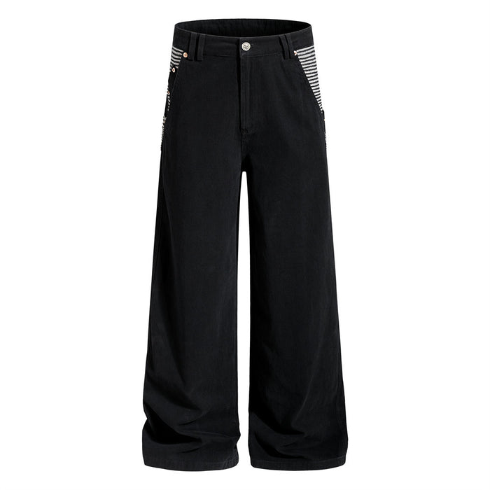Front view of black wide-leg cargo pants with striped side pocket panels