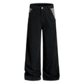 Front view of black wide-leg cargo pants with striped side pocket panels