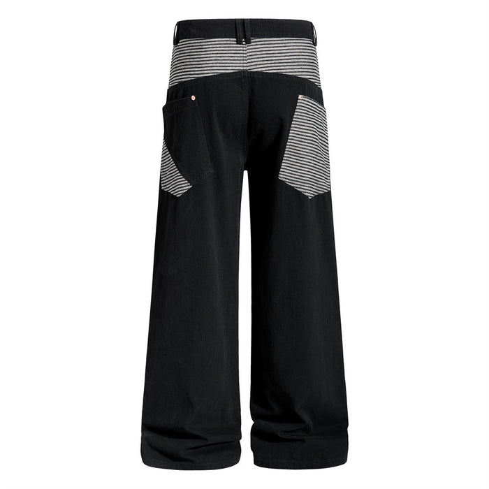 Back view of black wide-leg cargo pants with striped waistband and rear pockets