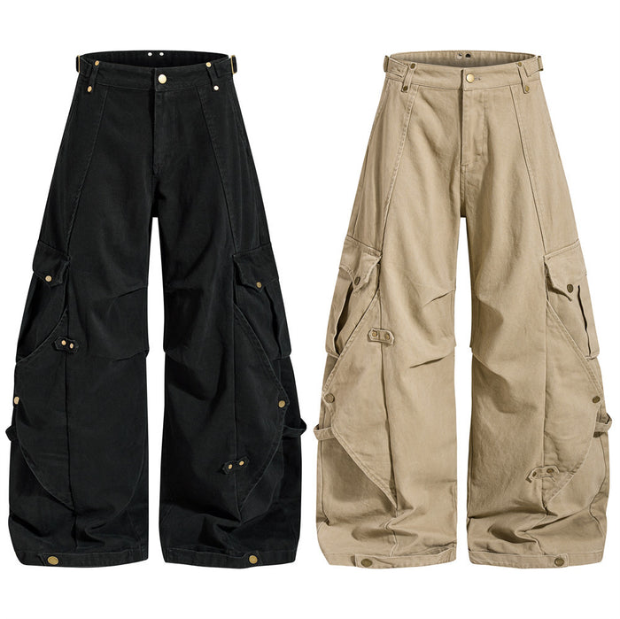 Wide-leg cargo pants shown in black and khaki, front view with multi-pocket deconstructed design