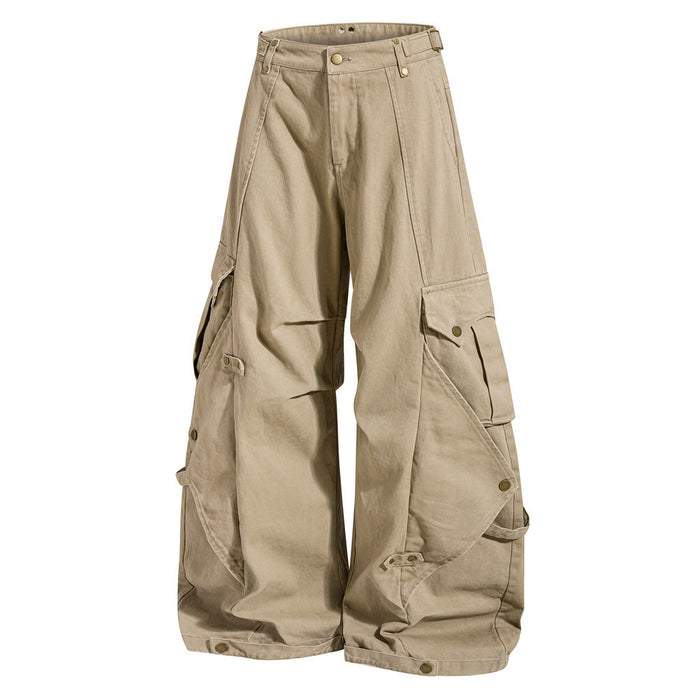Khaki wide-leg cargo pants, front view with draped legs and layered cargo pocket detail