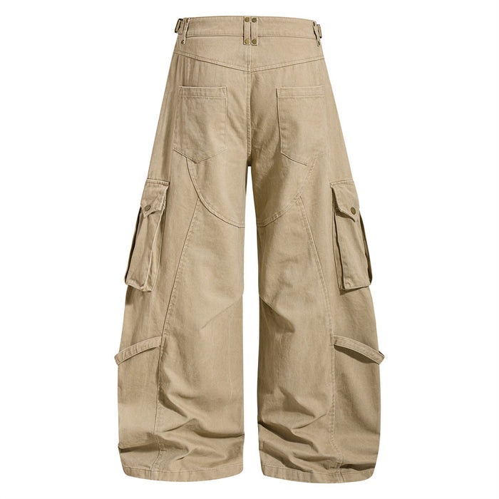Khaki wide-leg cargo pants, back view with flap pockets and loose straight legs