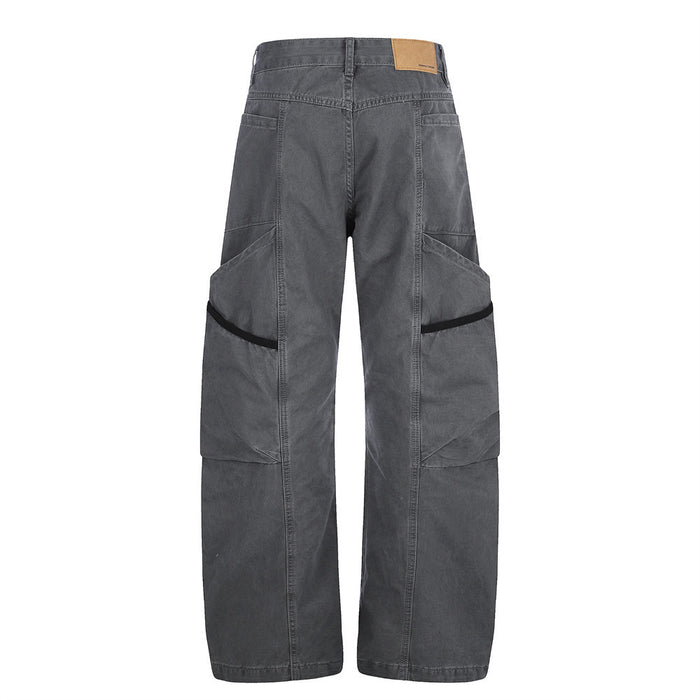 Gray wide-leg cargo pants with contrast black side panels and multiple pockets, front view