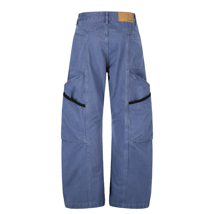Blue wide-leg cargo pants with contrast black side panels, back view