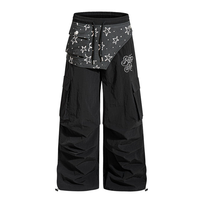 Black wide-leg cargo sweatpants with star-print bandana waistband overlay and multiple cargo pockets, front and back view
