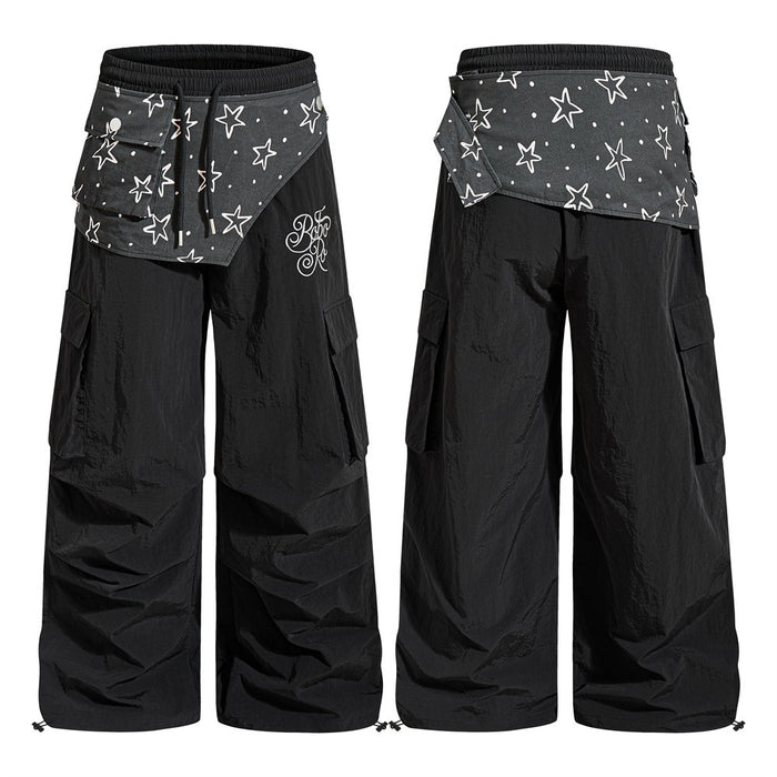 Black wide-leg cargo sweatpants with star-print bandana waistband, front and back views
