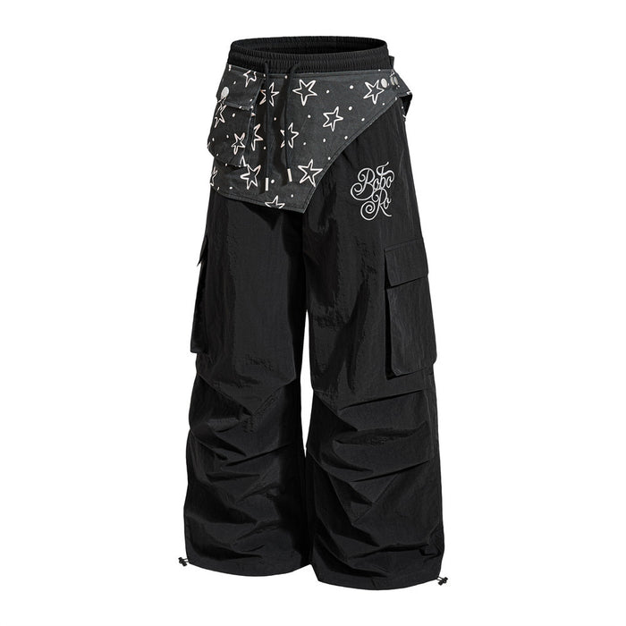 Black wide-leg cargo sweatpants with star-print bandana waistband, front view