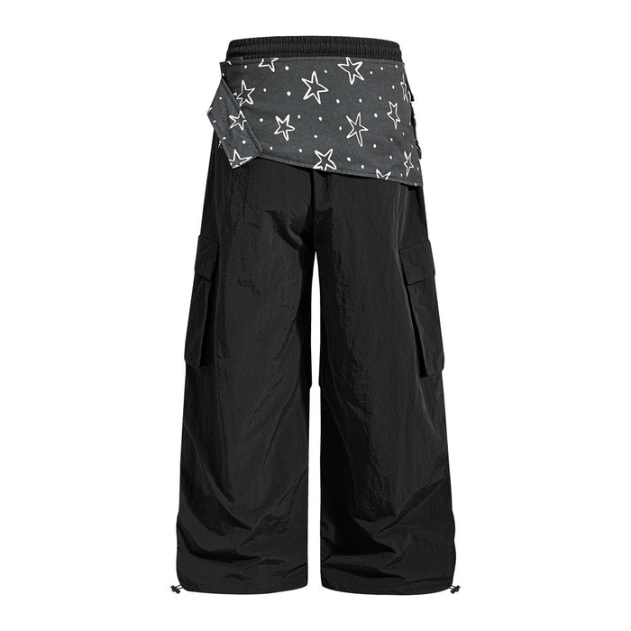 Black wide-leg cargo sweatpants with star-print bandana waistband, back view