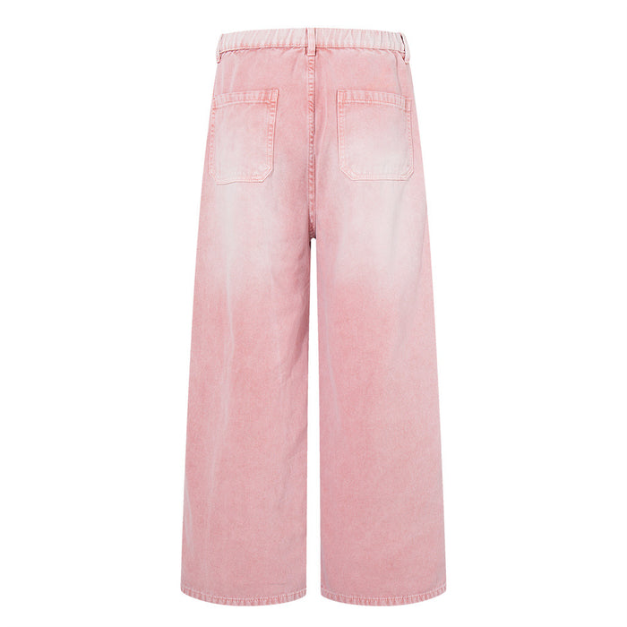 Flat lay back view of pink washed wide-leg pink washed jeans with two patch pockets