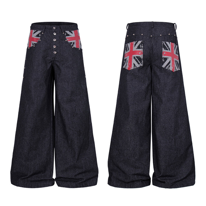 Dark indigo wide-leg denim jeans with Union Jack print yoke and button fly, front and back view