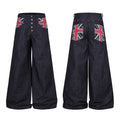 Dark indigo wide-leg denim jeans with Union Jack print yoke and button fly, front and back view