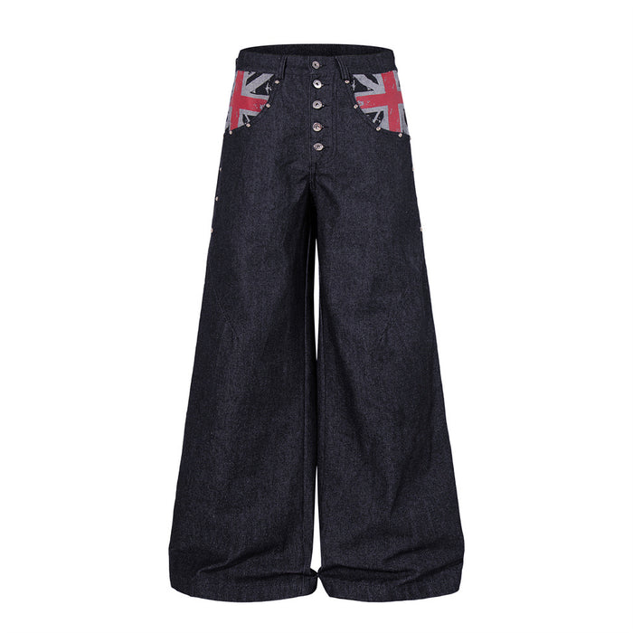 Front view of wide-leg dark denim jeans with Union Jack pocket panels and button fly