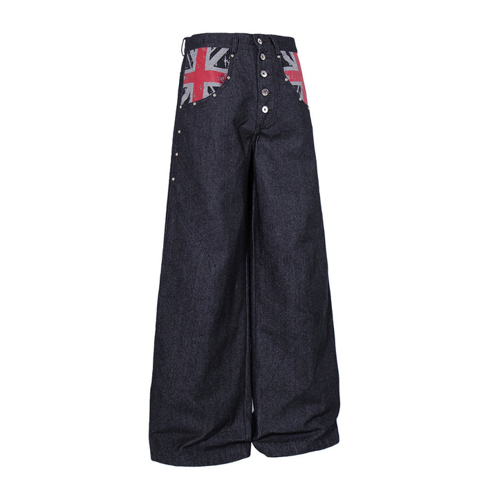 Angled front view of dark wide-leg jeans with Union Jack print pockets and button fly