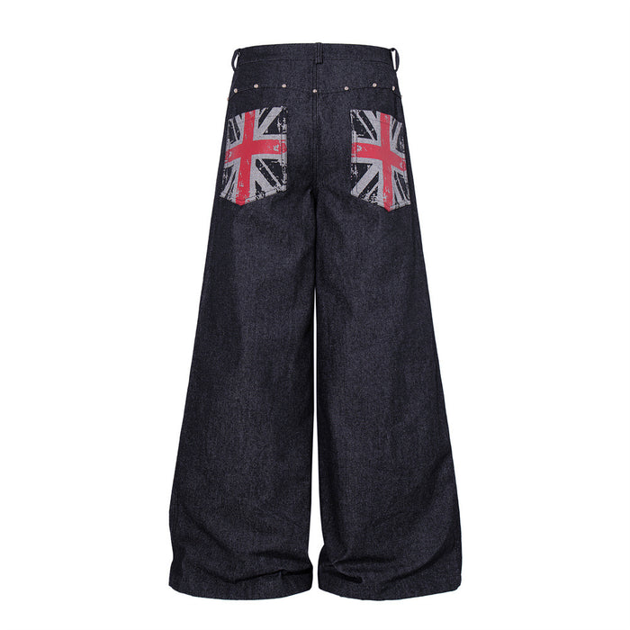 Back view of wide-leg dark denim jeans with Union Jack print back pockets