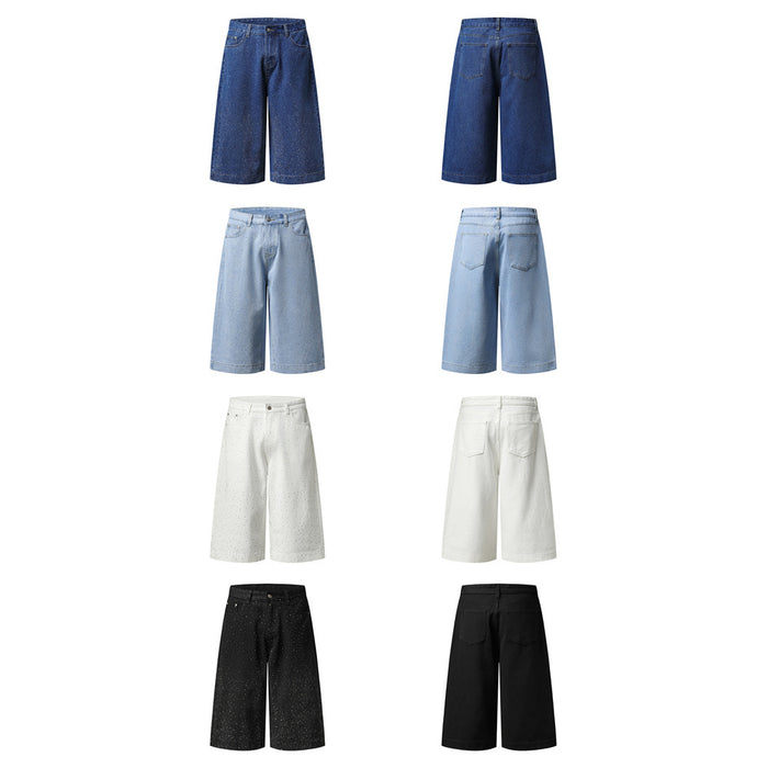 Six colorways of wide-leg cropped denim shorts with rhinestone detail, front and back views
