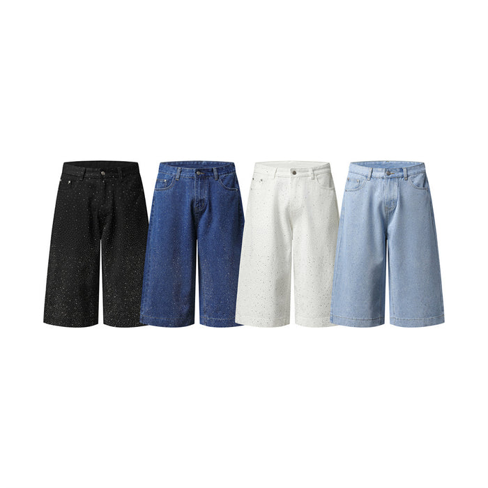 Four colorways of wide-leg cropped denim shorts with rhinestone detail, front views