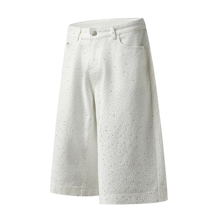 White wide-leg denim shorts with allover rhinestone detail, front view