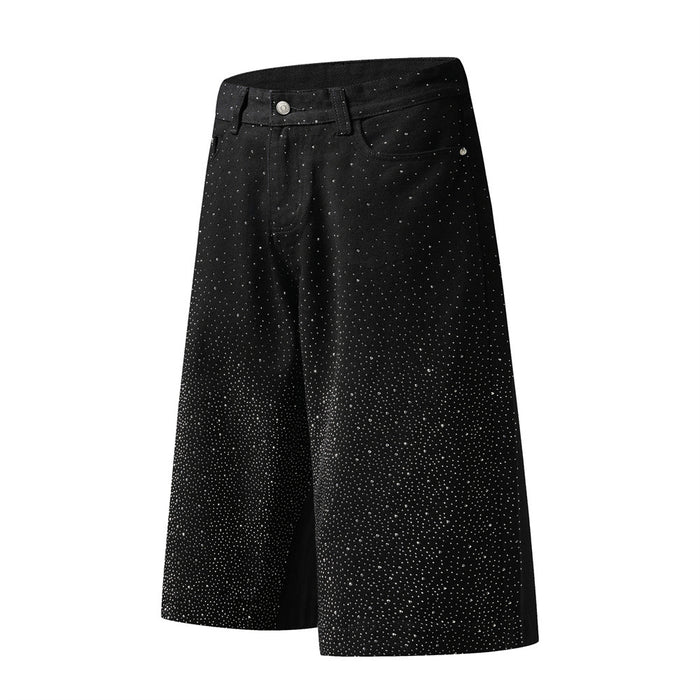 Black wide-leg denim shorts with rhinestone detail, angled side view