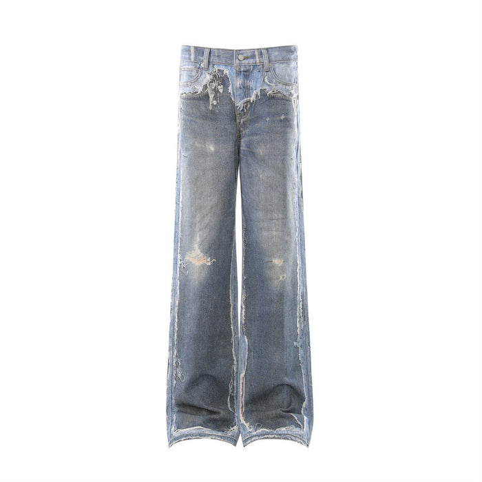 Men's wide-leg distressed jeans in vintage blue wash with raw-edge seams, ripped knees, and frayed hems shown front and back