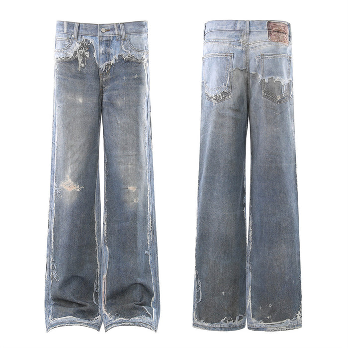 Wide-leg distressed blue jeans shown front and back with raw-edge fading and frayed hems
