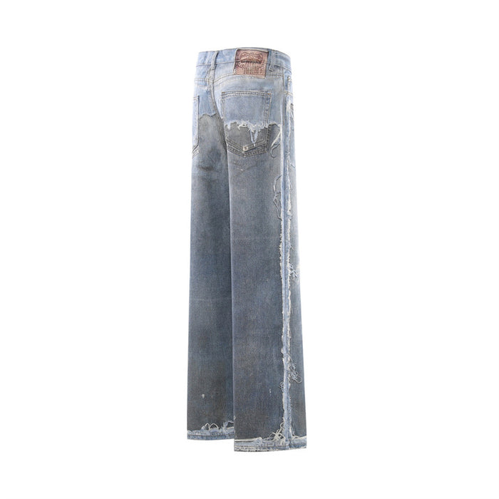 Side view of wide-leg distressed blue jeans with light blue fading and raw-edge seams
